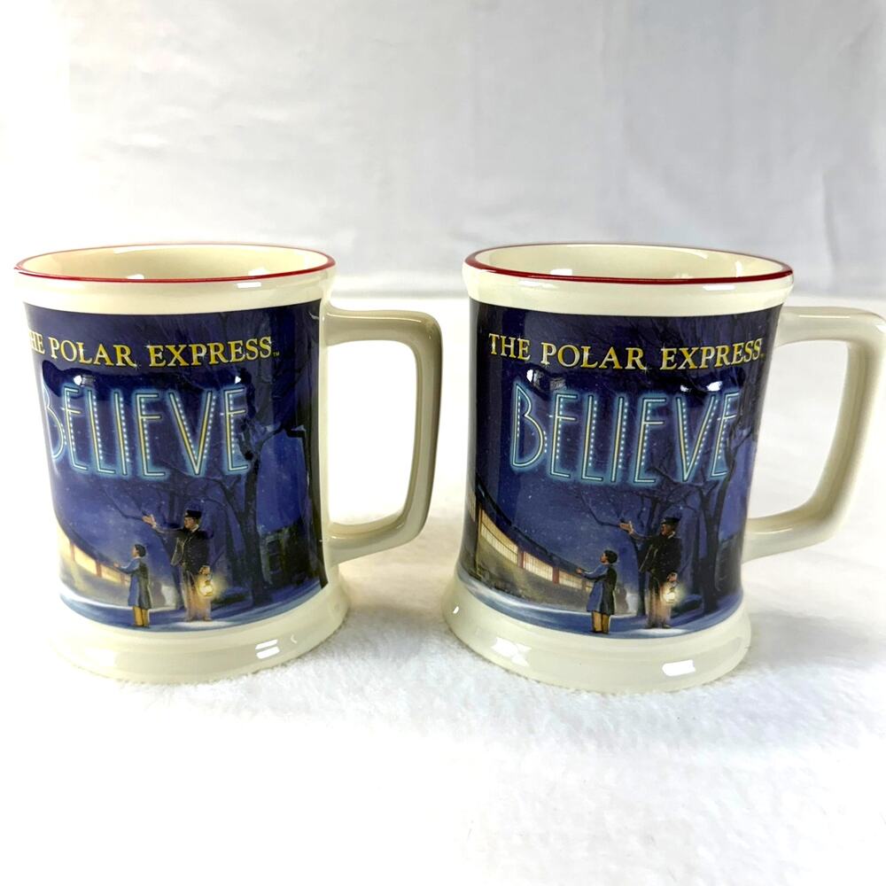 2 Polar Express BELIEVE 3D Raised Ceramic Hot Chocolate/Coffee/Tea Mugs